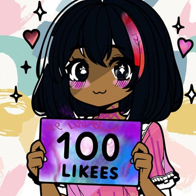 anima girl holding a 100 likes sign in her hand