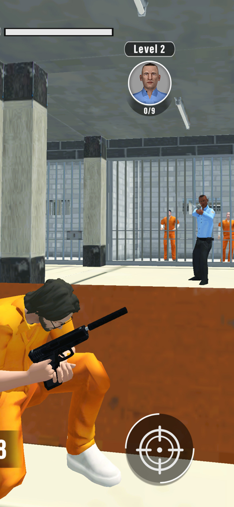 Jailbreak Fury - A prisoner aiming a silenced pistol at a prison guard in the game Jailbreak Fury