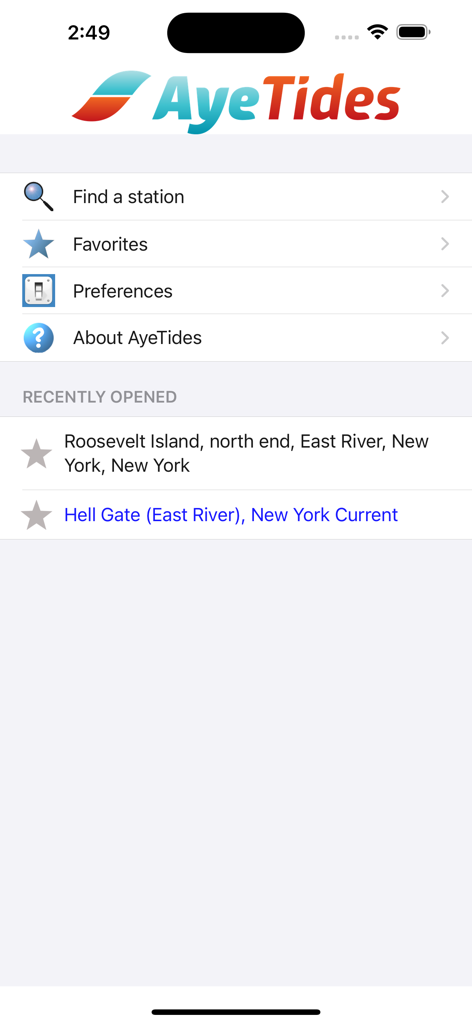 AyeTides - AyeTides app home screen showing navigation menu options and recently opened tide stations in New York