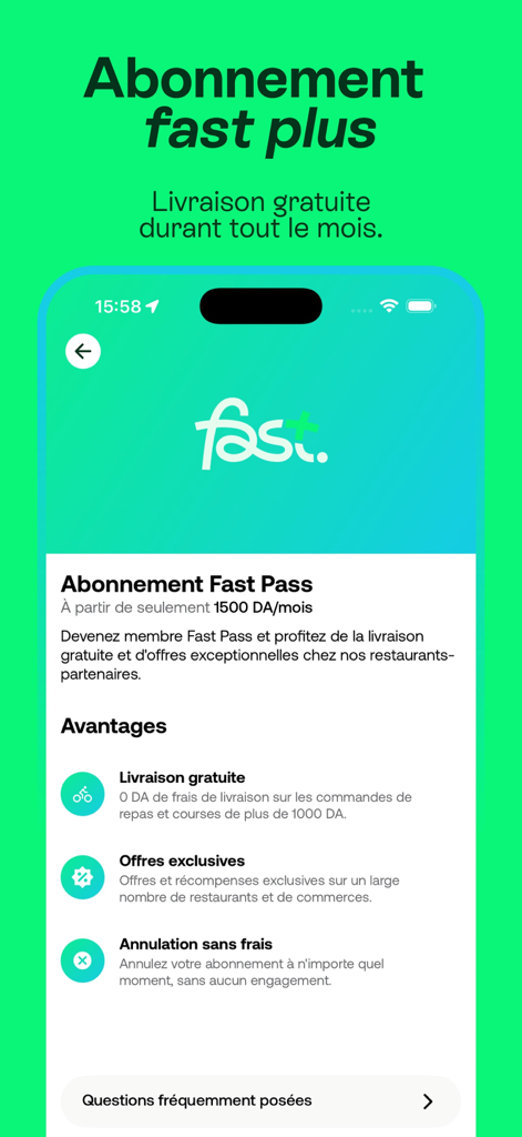 Fast delivery app subscription page showing benefits of the Fast Pass membership.
