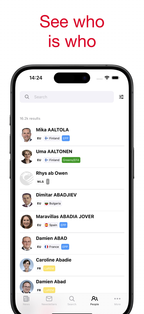 POLITICO Europe Edition - Durchsuchbares Verzeichnis europäischer politischer Persönlichkeiten und Entscheidungsträger in der Politico Europe App.