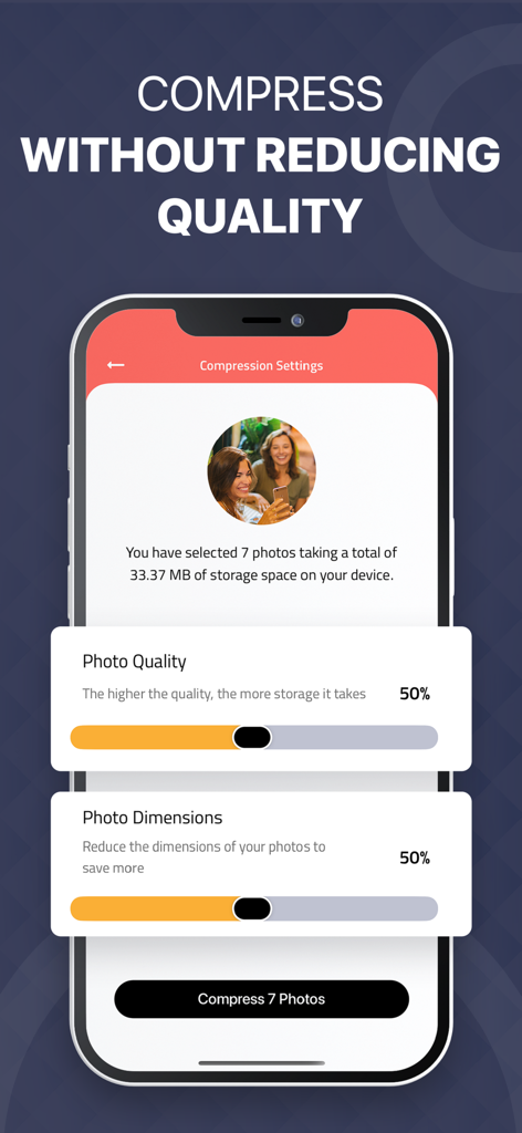 Video Compressor: Resize Image - Interface showing photo quality and dimension sliders for compression on a mobile device
