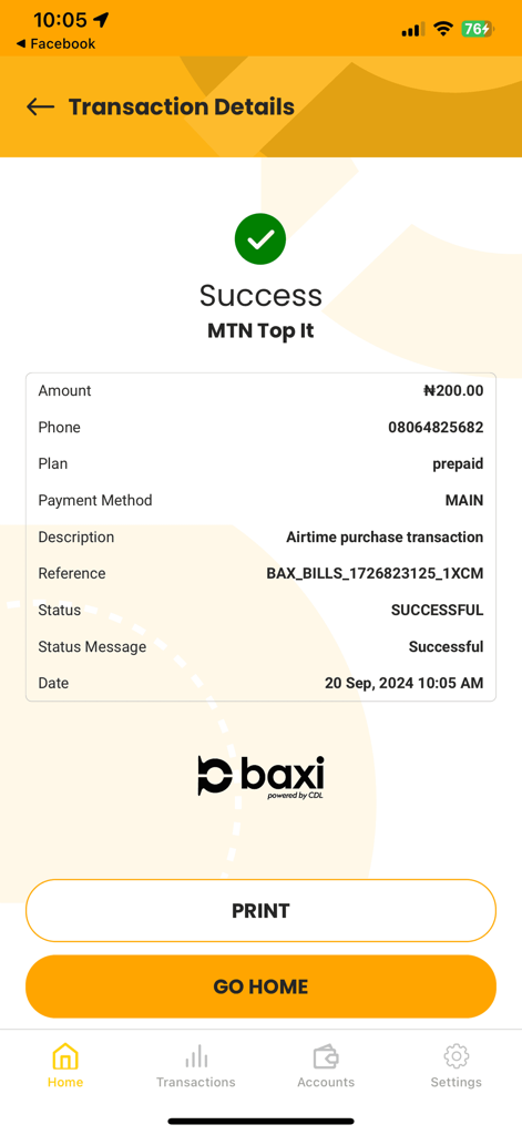 Baxi Mobile - Baxi Mobile app screen showing successful transaction details for an MTN airtime top up.