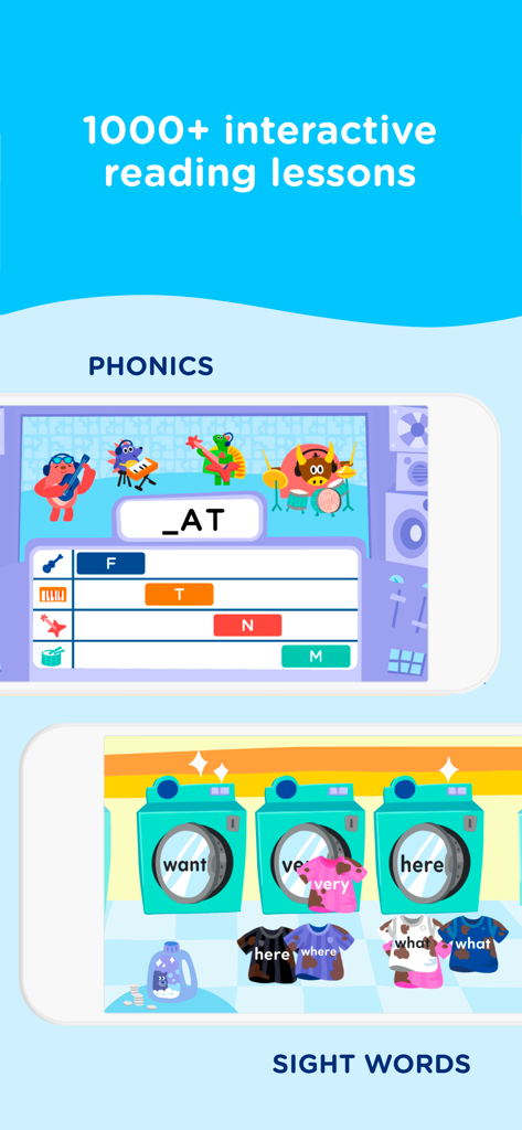 Educational games in the HOMER app focusing on phonics and sight words for kids.