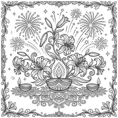 Immerse yourself in the festive spirit of Diwali with this stunning coloring page featuring elegant tiger lilies and joyful fireworks. Discover a beautifully intricate design, complete with traditional diyas and rangoli patterns, perfect for celebrating the festival of lights.