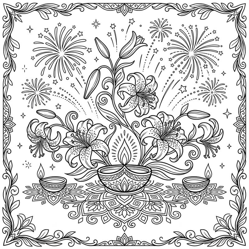 Immerse yourself in the festive spirit of Diwali with this stunning coloring page featuring elegant tiger lilies and joyful fireworks. Discover a beautifully intricate design, complete with traditional diyas and rangoli patterns, perfect for celebrating the festival of lights.