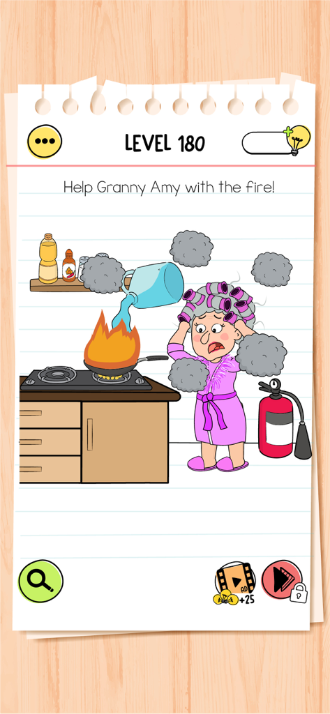 Brain Test 4 game screenshot showing level 180 where players help Granny Amy extinguish a kitchen fire