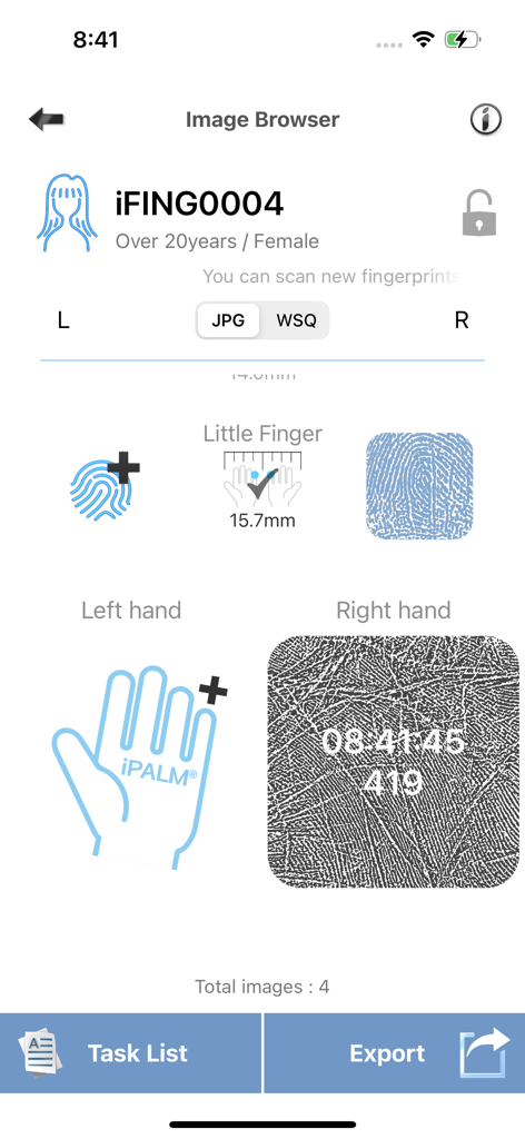 iFING Scanner - Interface of iFING Scanner app displaying captured fingerprint and palmprint scans with export options