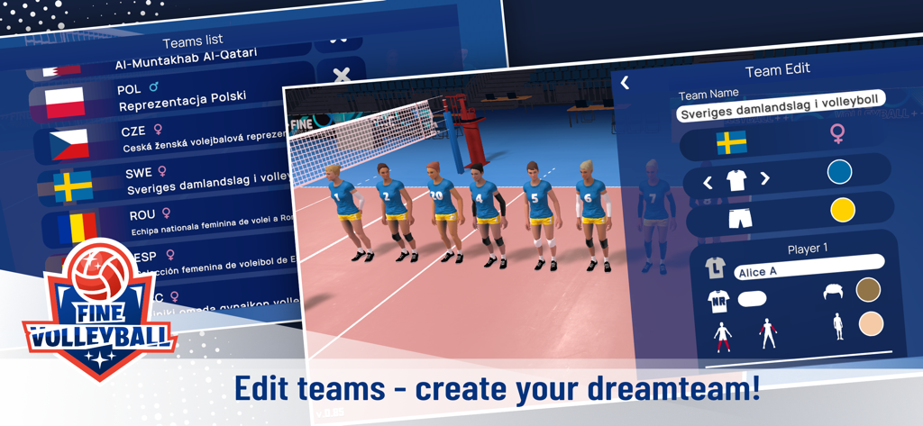 Fine Volleyball - Fine Volleyball game interface showing team customization and player editing features