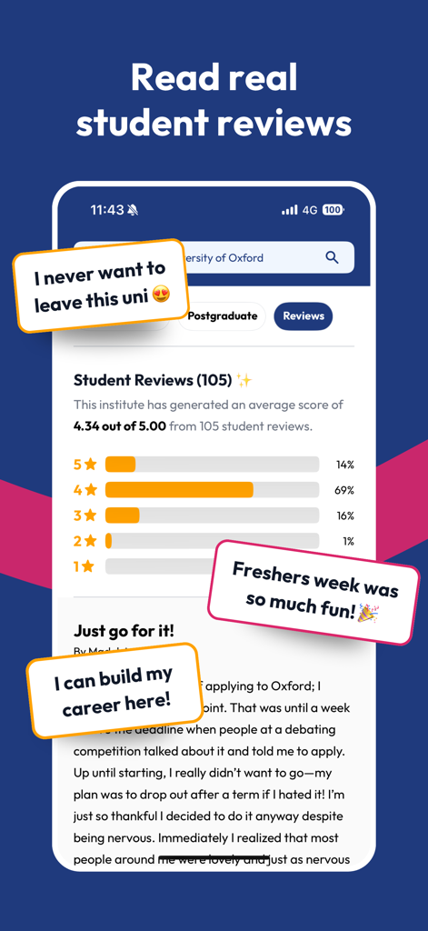 A mobile app screen showing student reviews and ratings for the University of Oxford on Uni Compare.