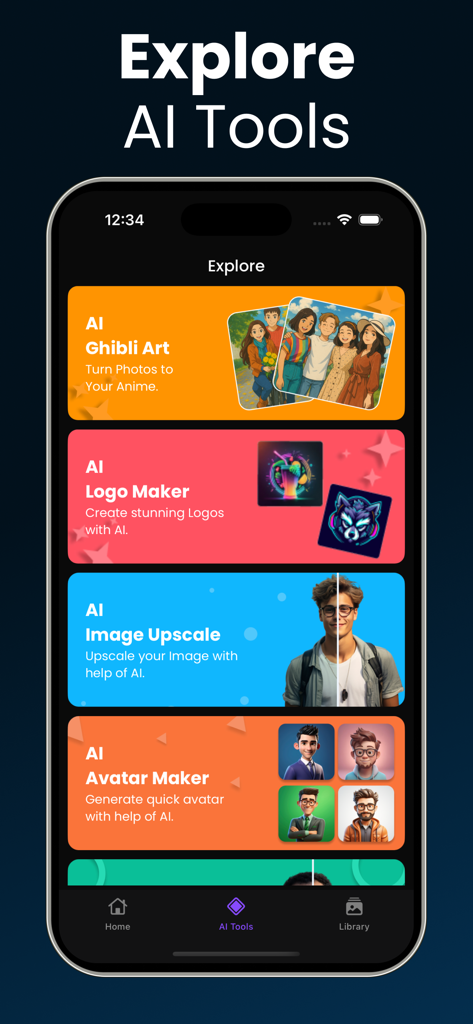 AI Video & Image Generator® - Interface of the AI Video and Image Generator app showing creative tools like anime art and logo maker