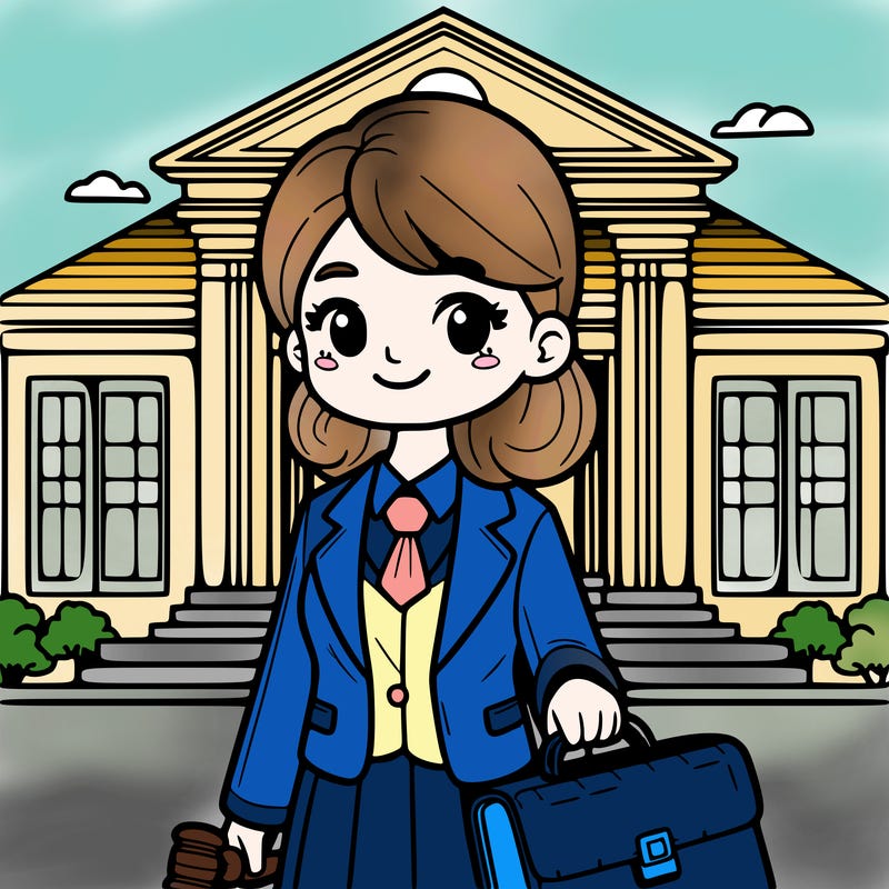 a lawyer stands in front of a courthouse. she has a briefcase in her hand and is smiling.
