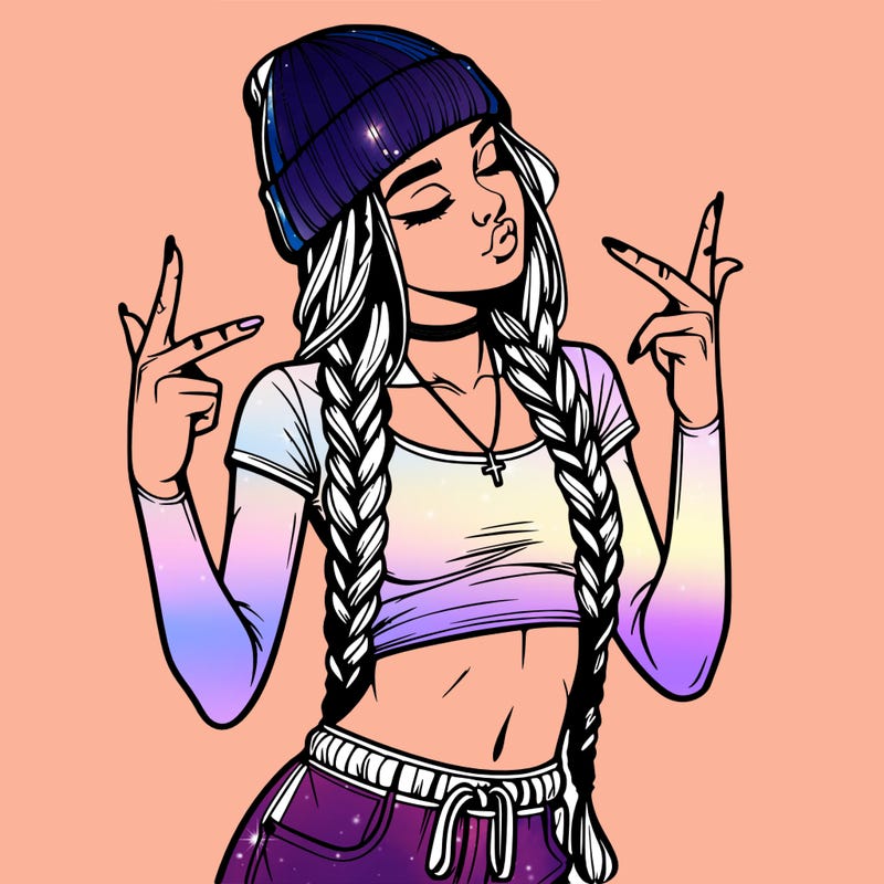 realistic teenage girl with braids and a beanie and crop top doing 🫶🏼