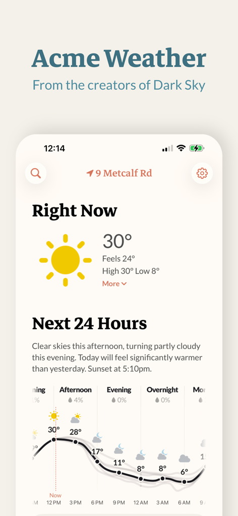Acme Weather - Acme Weather app interface showing current conditions and a 24-hour temperature forecast graph.