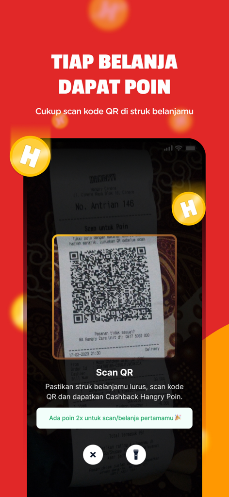 Una interfaz móvil que muestra a un usuario escaneando un código QR de recibo para ganar puntos de fidelidad y recompensas.