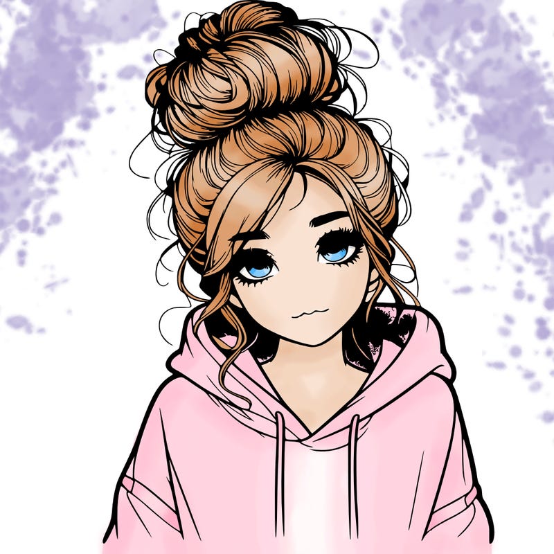 realistic girl with a massy bun and a hoodie