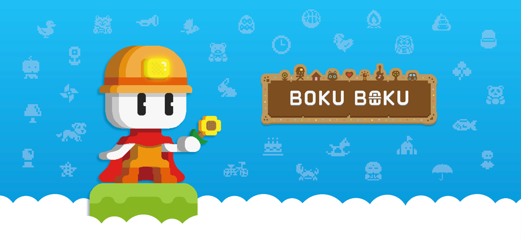 BOKU BOKU - Pixel-Art-Charakter mit Bauhelm und Sonnenblume vor blauem Hintergrund mit Symbolen für das Spiel BOKU BOKU