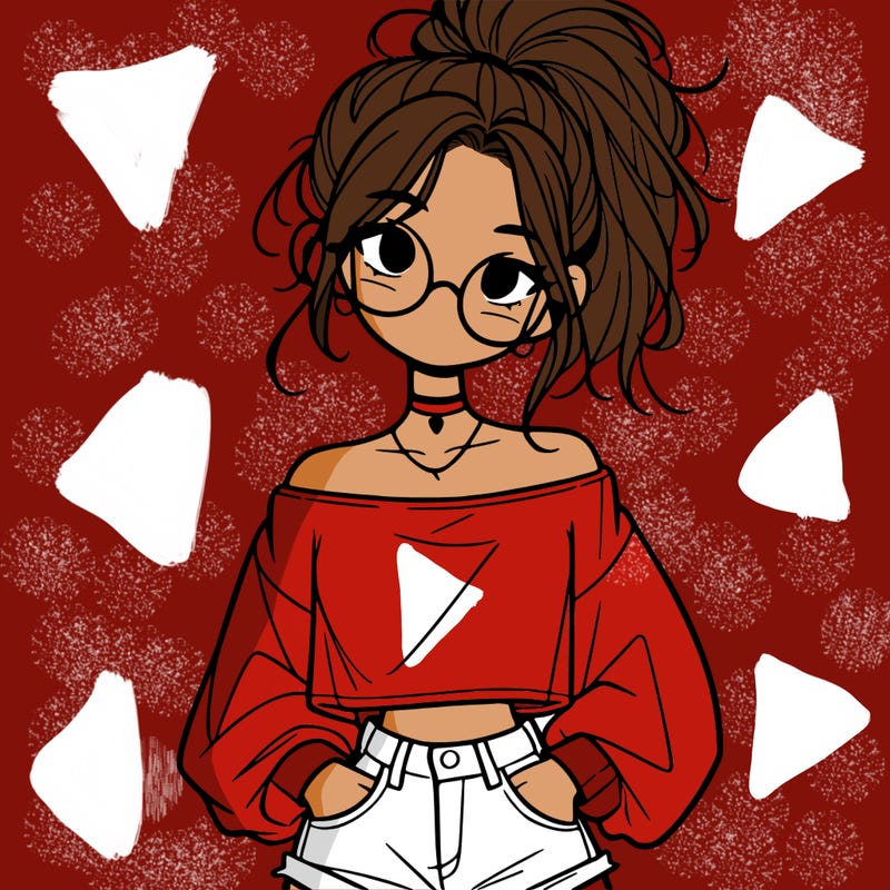 girl with a messy ponytail glasses a baggy crop top and jean shorts