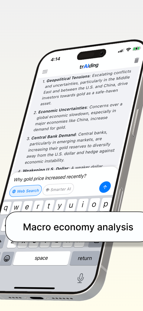 trAIdingGPT app interface showing AI macro economy analysis about gold price factors