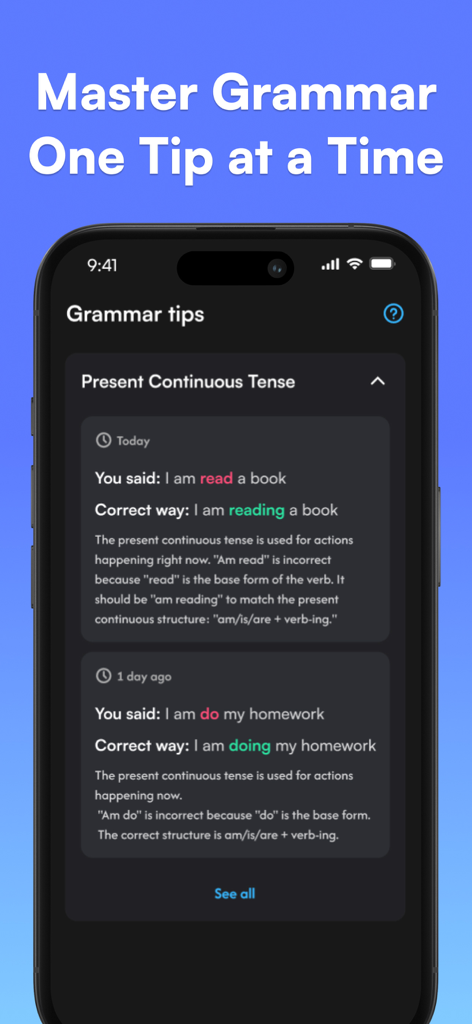 Heylama - AI Language Learning - Captura de pantalla de la aplicación Heylama que muestra consejos y correcciones de gramática personalizados para el tiempo presente continuo con explicaciones detalladas.
