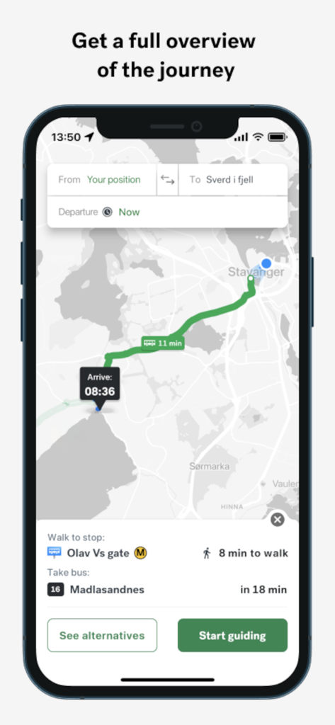 Il pianificatore di viaggio dell'app Kolumbus che mostra un percorso mappato con indicazioni per autobus e a piedi.