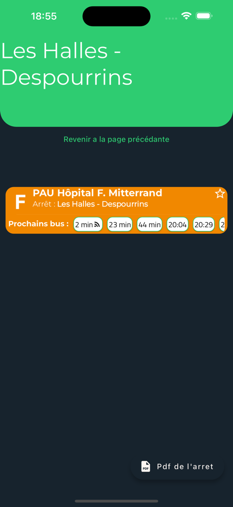 IDELight - IDELight app interface showing upcoming bus times for Line F at the Les Halles Despourrins stop in Pau