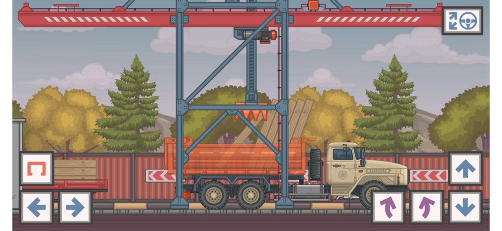 Une grue chargeant des planches de bois dans un camion-benne beige dans le jeu de simulation 2D Trucker and Trucks.