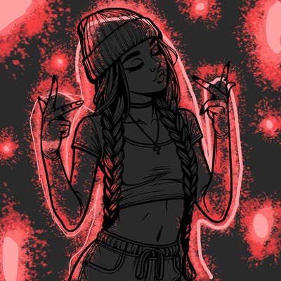 realistic teenage girl with braids and a beanie and crop top doing 🫶🏼