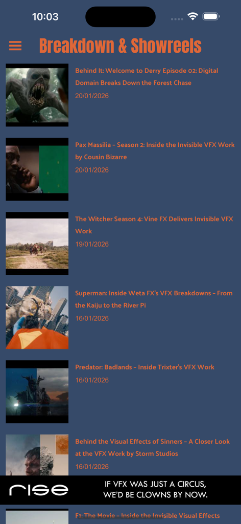 The Art of VFX - The Art of VFXモバイルアプリに掲載されている映画やテレビシリーズのVFX分析とショーリールのリスト。