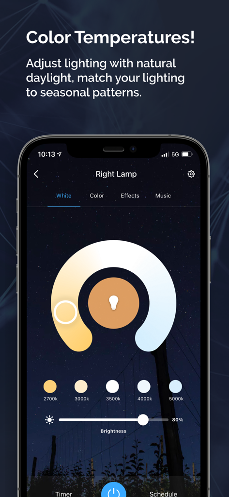 Starfish Smart Lighting app screen showing adjustable white light color temperatures for home wellness.