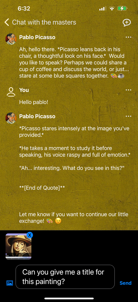 AI Impressionist Painter - Interfaz de chat con una versión IA de Pablo Picasso en la aplicación Pintor Impresionista IA