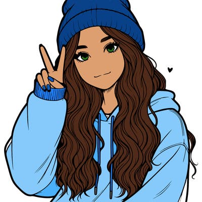 a teenage girl in a beanie, oversized sweatshirt, wavy long hair, and is showing a ✌️
