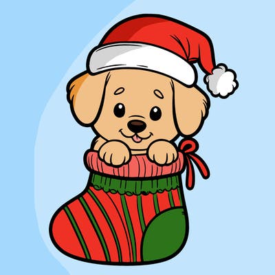 cute puppy wearing santa hat in socking