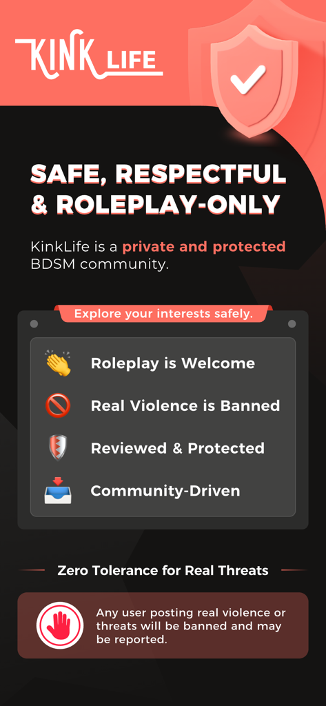 KinkLife app screen showing community safety guidelines and zero tolerance for violence