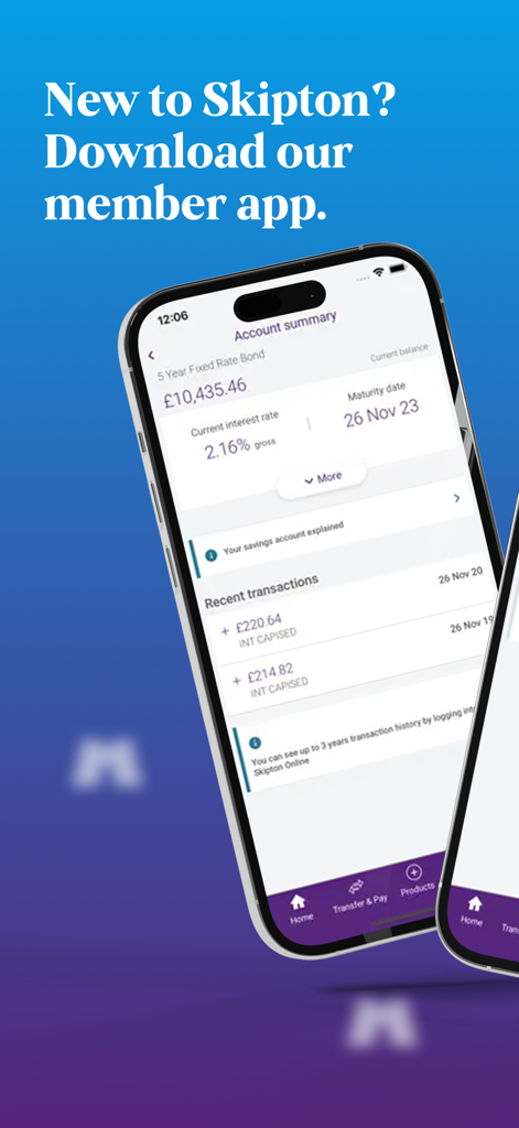 Skipton Building Society mobile app interface showing a savings account summary with balance and interest rate details
