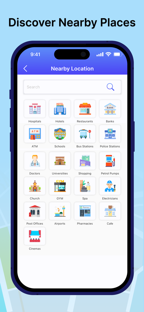 Live Street View - Maps - Una pantalla de smartphone que muestra la función Descubrir Lugares Cercanos con varios iconos de servicios.