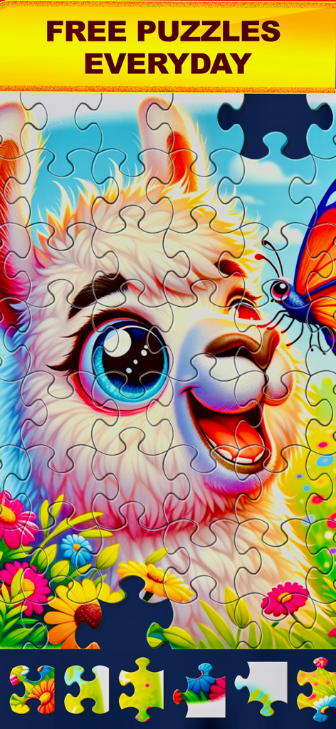 Colorful llama jigsaw puzzle with a butterfly and floral background in the Jigsaw HD Puzzles app.