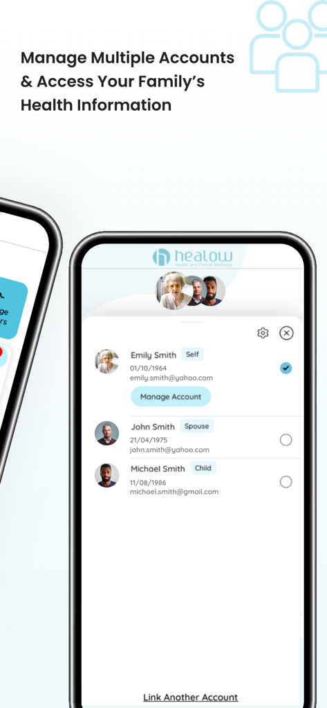 A smartphone screen of the healow app showing management of multiple family health profiles including self, spouse, and child.