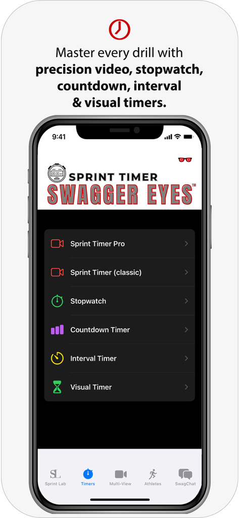 Swagger Eyes: SprintTimer - The Timers screen of the Swagger Eyes app displaying precision timing options for athletes including Sprint Timer Pro, Stopwatch, and Interval Timer.