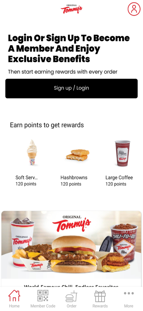 Original Tommy's - Pantalla de inicio de la app móvil Original Tommy's mostrando inicio de sesión de membresía de recompensas y puntos por artículos de comida.