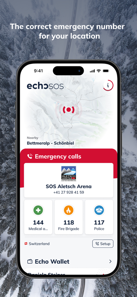 EchoSOS - EchoSOS app interface displaying local emergency contact numbers and GPS location on a smartphone