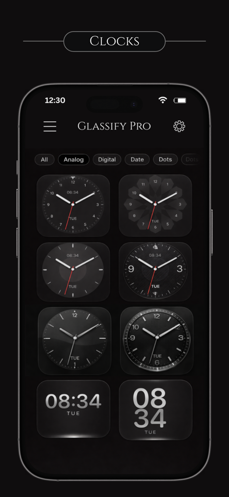 Glassify Pro Widgets and Theme - Interface do aplicativo Glassify Pro mostrando uma seleção de widgets de relógio analógico e digital em um design de vidro escuro