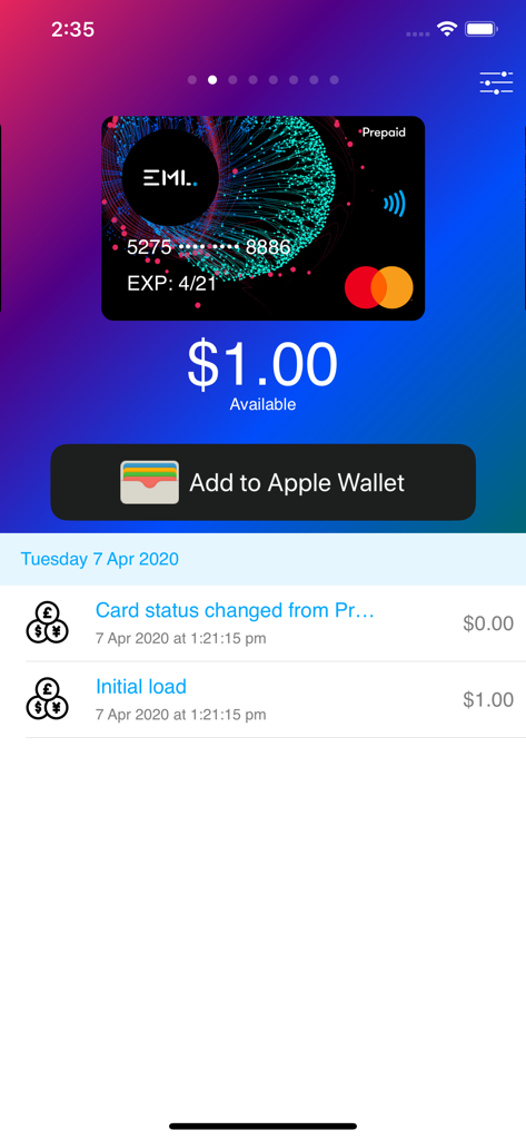 Get My eCard - Get My eCard app screen displaying a virtual prepaid card with a balance and an Add to Apple Wallet button