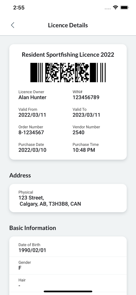 A digital resident sportfishing license displayed on the AlbertaRELM app with owner information and barcode.