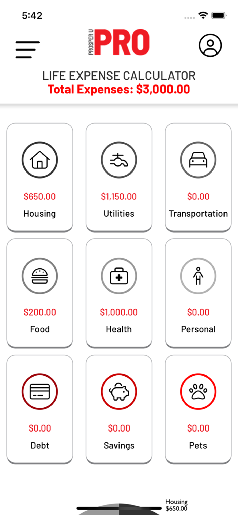Prosper U - Prosper U app interface showing the Life Expense Calculator with categories for housing utilities health and food