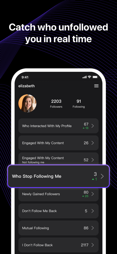 Mobile app interface of iTrackr showing social media analytics for followers and unfollowers