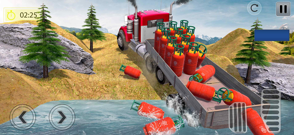 A red cargo truck transporting gas cylinders on a steep mountain path in an offroad simulation game
