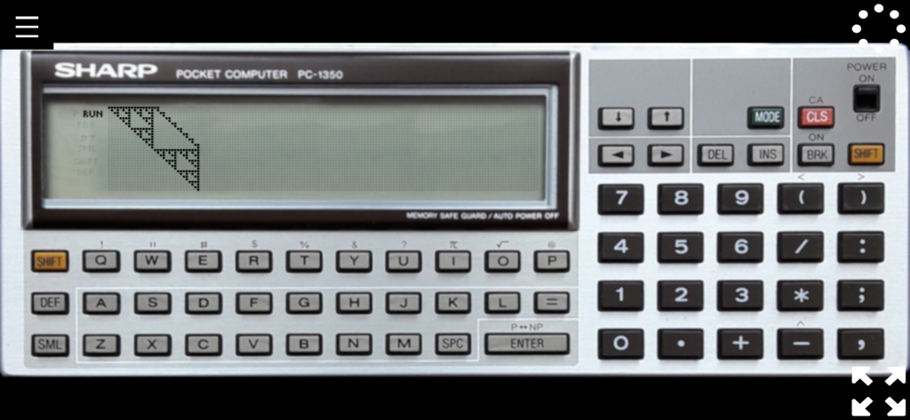 Sharp PC-1350 vintage pocket computer emulator interface showing a graphical display