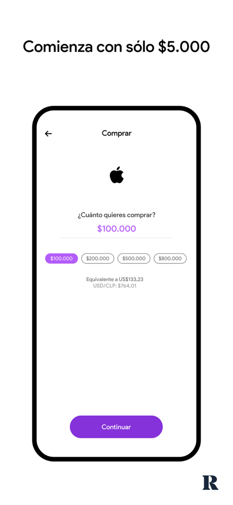 Racional app interface showing how to buy Apple stock with a small initial investment