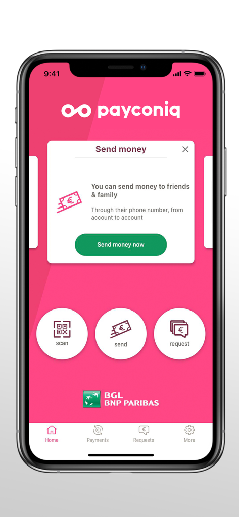 Payconiq – BGL BNP Paribas - Home screen of the Payconiq BGL BNP Paribas app with a popup to send money to friends and family